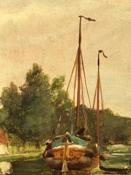 Boats at the riverside ( oil on panel )