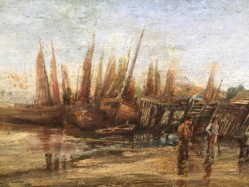 Fishermen at work in the harbour ( oil on panel )