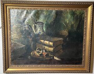 Stillife with books ( on the reverse : the garden ). ( oil on canvas)