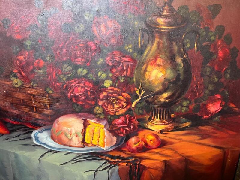 Stillife with flowers and cake ( oil on canvas )