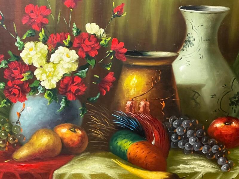 Stillife with fruit and flowers and game ( oil on canvas)
