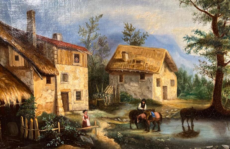 The daily life in the mountain village ( oil on canvas )