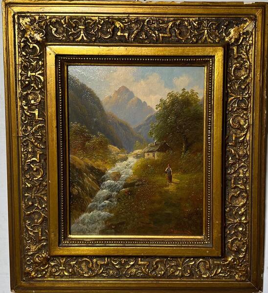 A pair of mountain scenes ( oil on panel )