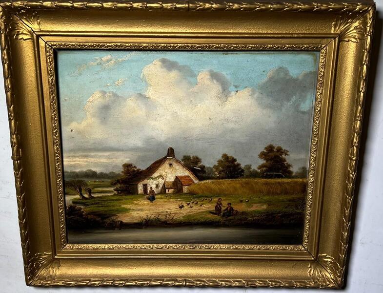 A pair of riverside scenes ( oil on panel )