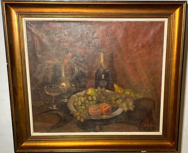 Stillife with champagne and fruit ( oil on canvas)