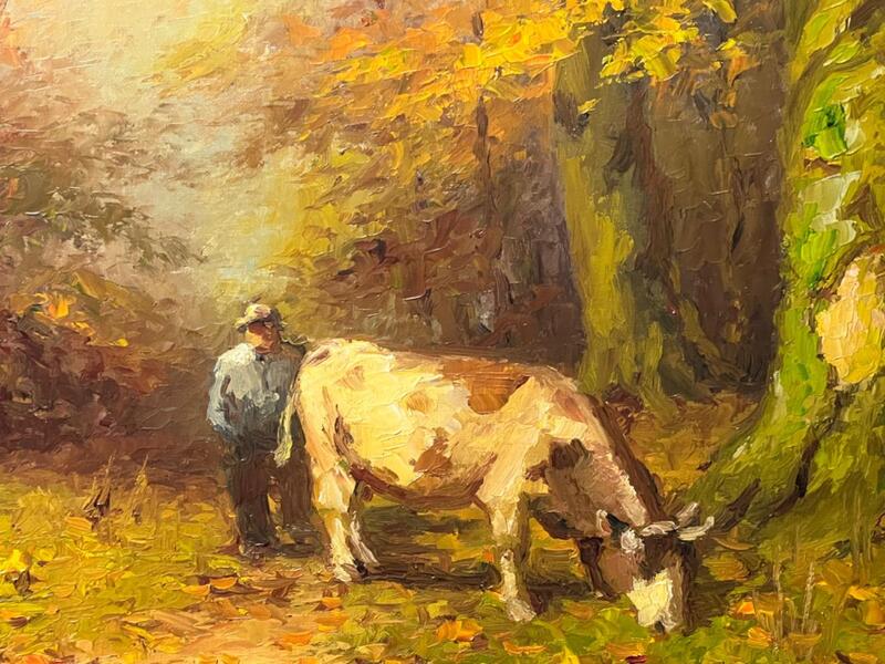The farmer and his grazing cow (oil on canvas )