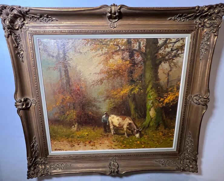 The farmer and his grazing cow (oil on canvas )