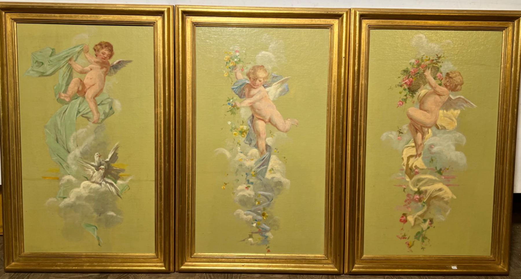 Angels at work ( triptych) (oil on panel )