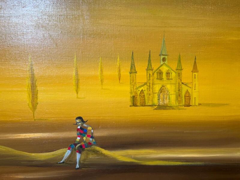 Arlecchino in a surreel landscape ( oil on canvas )