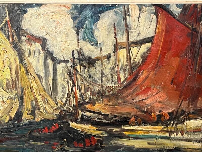 Boats in the harbour ( oil on panel )