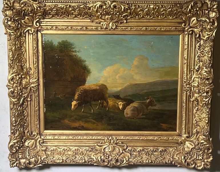 The shepherd with his sheep and goat ( oil on panel )