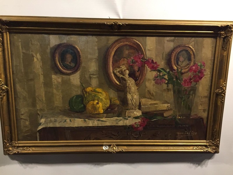 Stillife with flowers and 3 portraits 