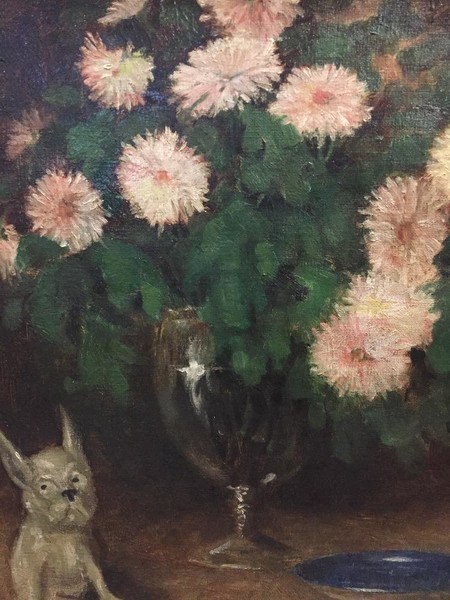 Stillife with flowers and a dog