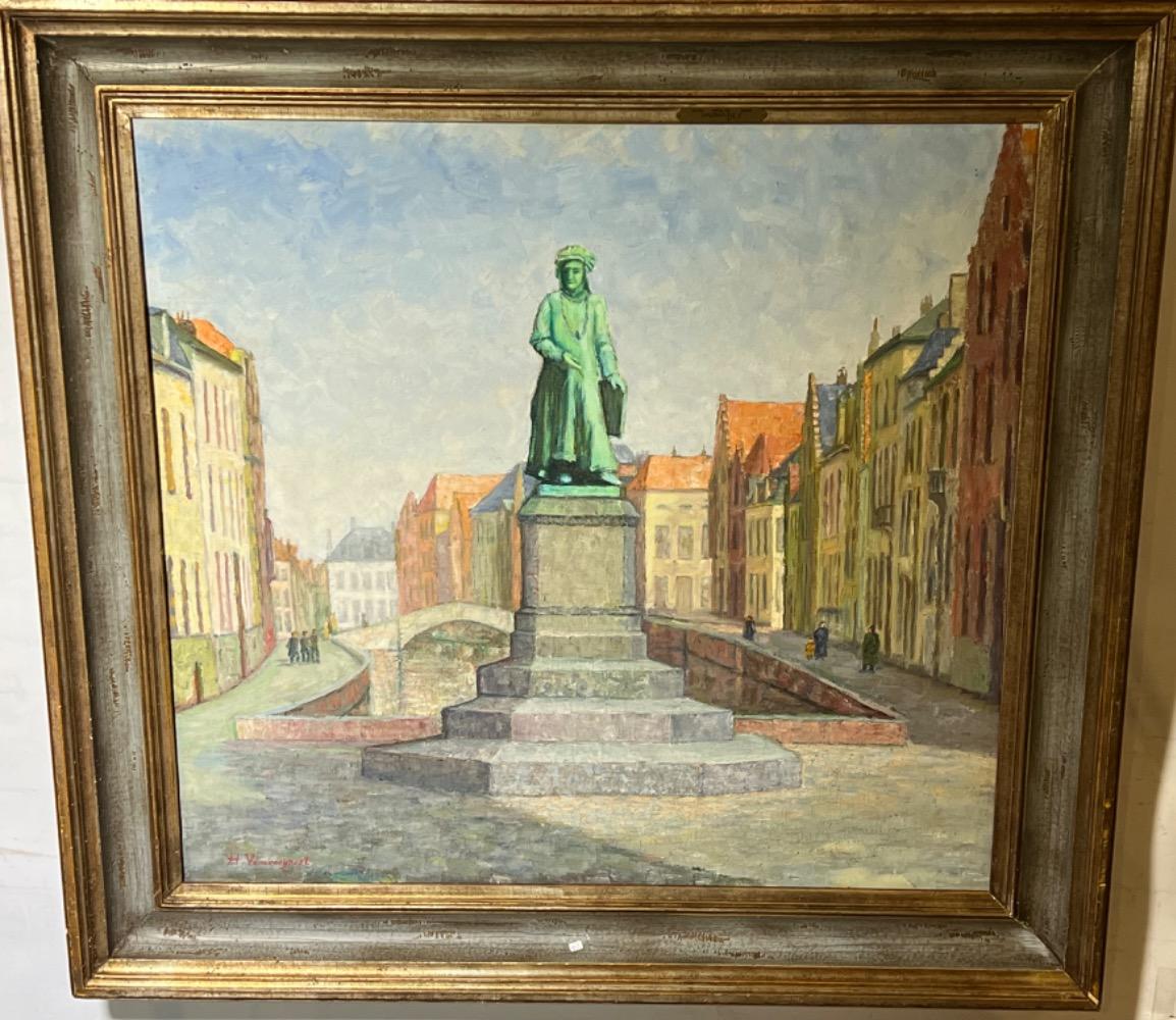 The statue of John van Eyck  in Bruges ( oil on canvas )