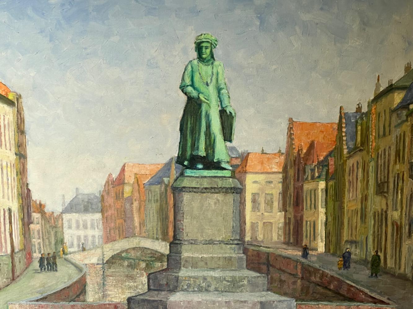 The statue of John van Eyck  in Bruges ( oil on canvas )