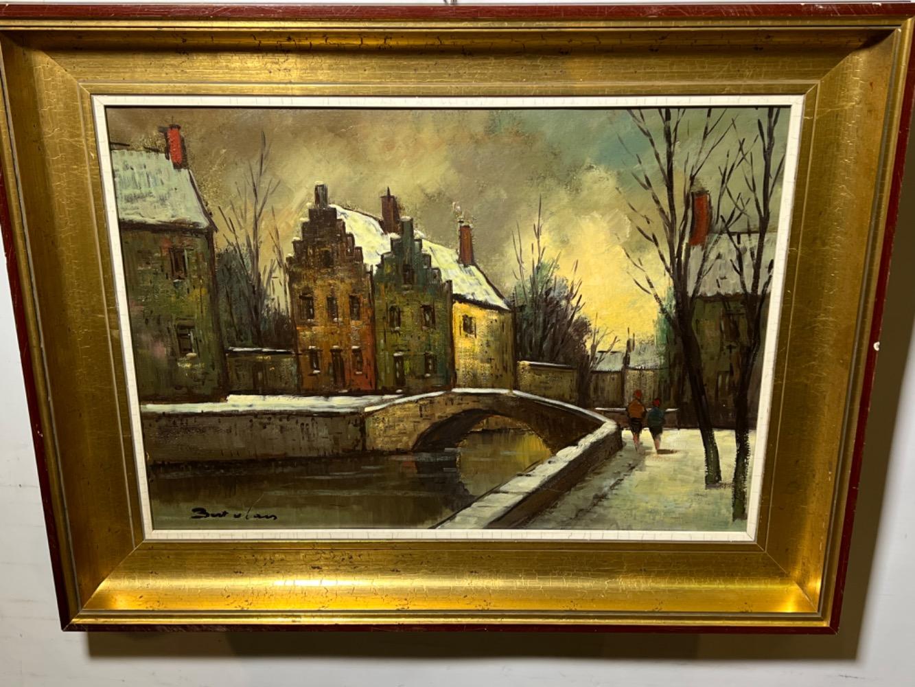 Walking in the streets of Bruges in the wintertime ( oil on canvas )