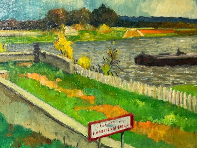 Boat at the riverside near the Seine ( oil on canvas)