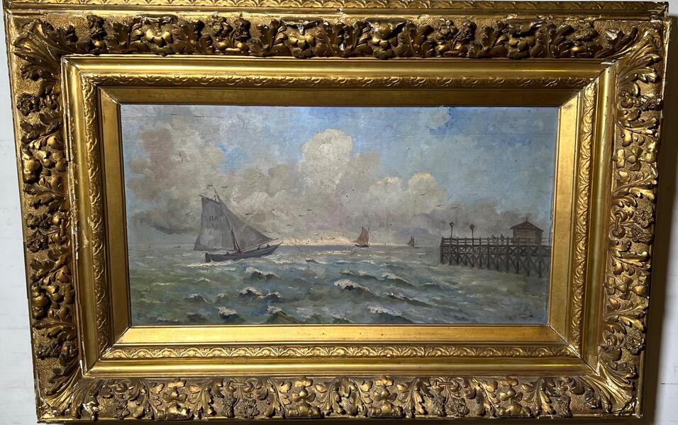 Boats arriving in the harbor ( oil on panel )