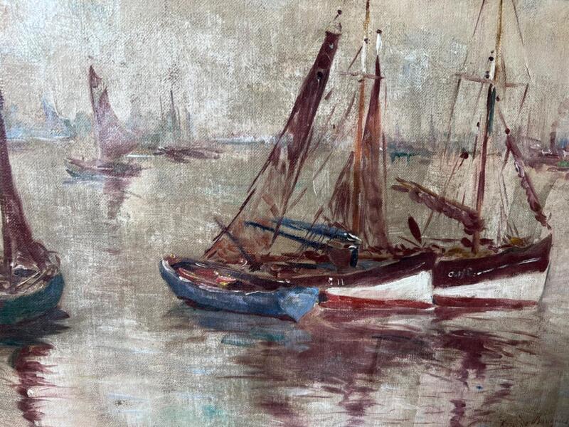 Boats in the harbor ( oil on canvas )