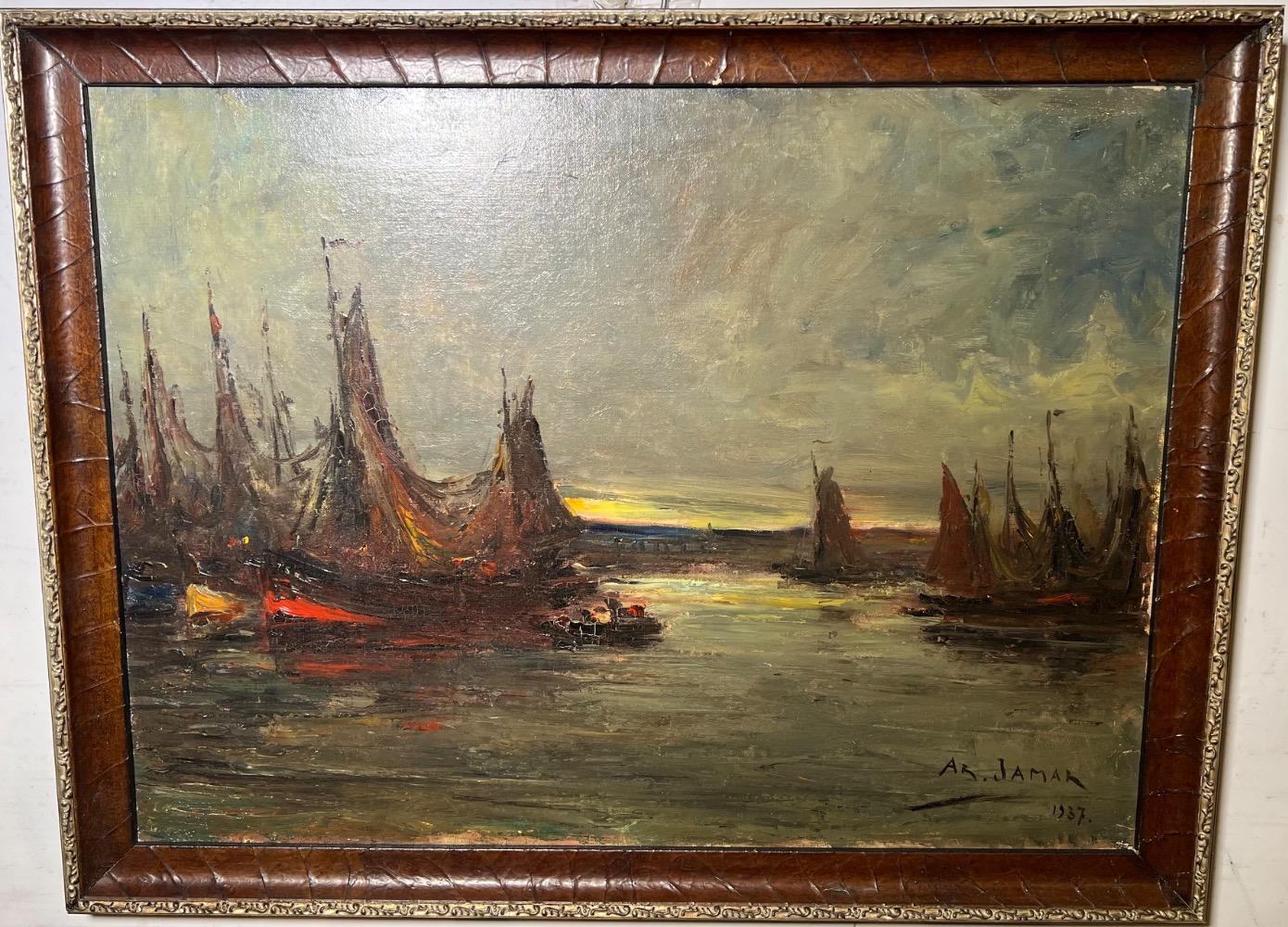 Boats in the harbour ( oil on canvas)