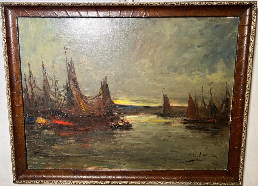 Boats in the harbour ( oil on canvas)