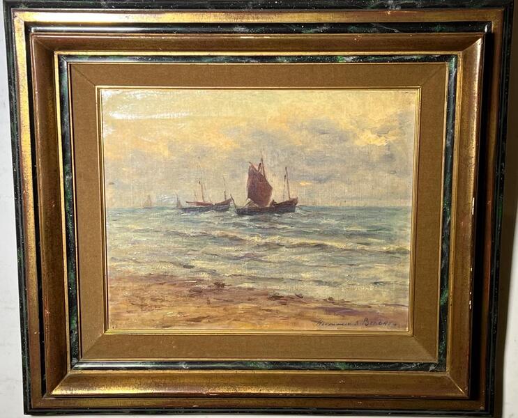 Boats near the harbor ( oil on canvas )
