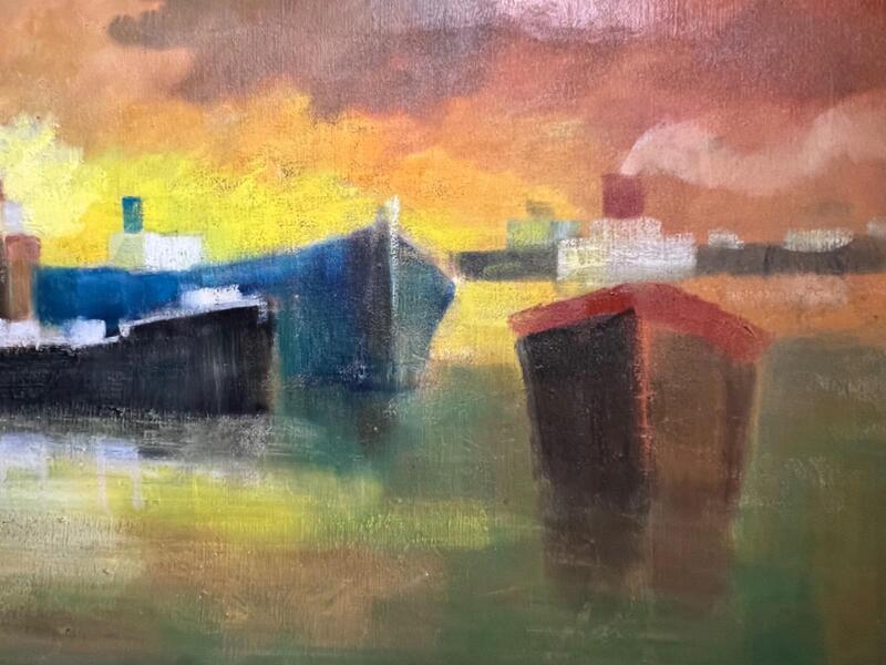 Boats near the harbour ( oil on canvas )