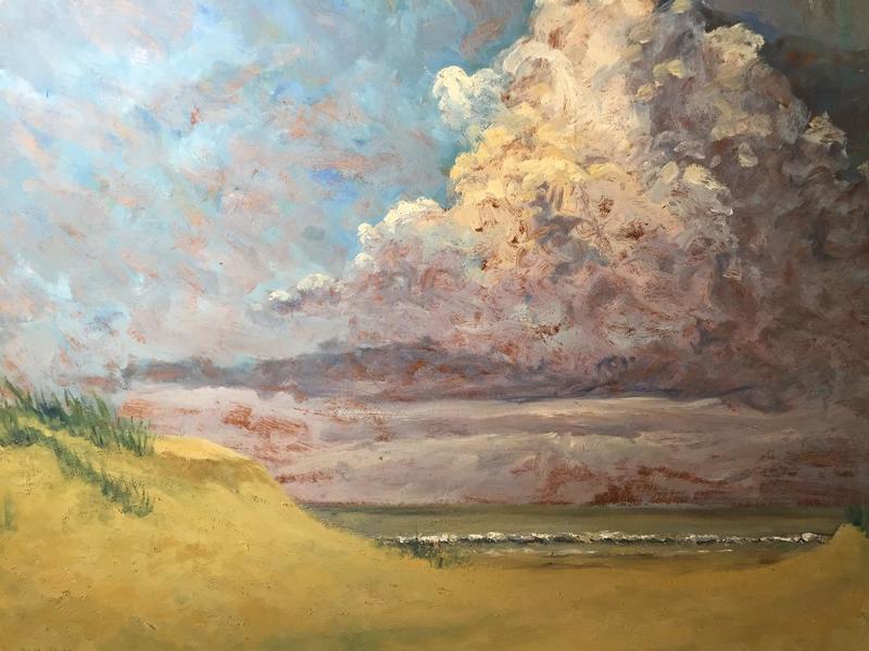 Cloudy weather at the beach ( oil on panel )