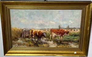 Cows near the riverside ( oil on panel )
