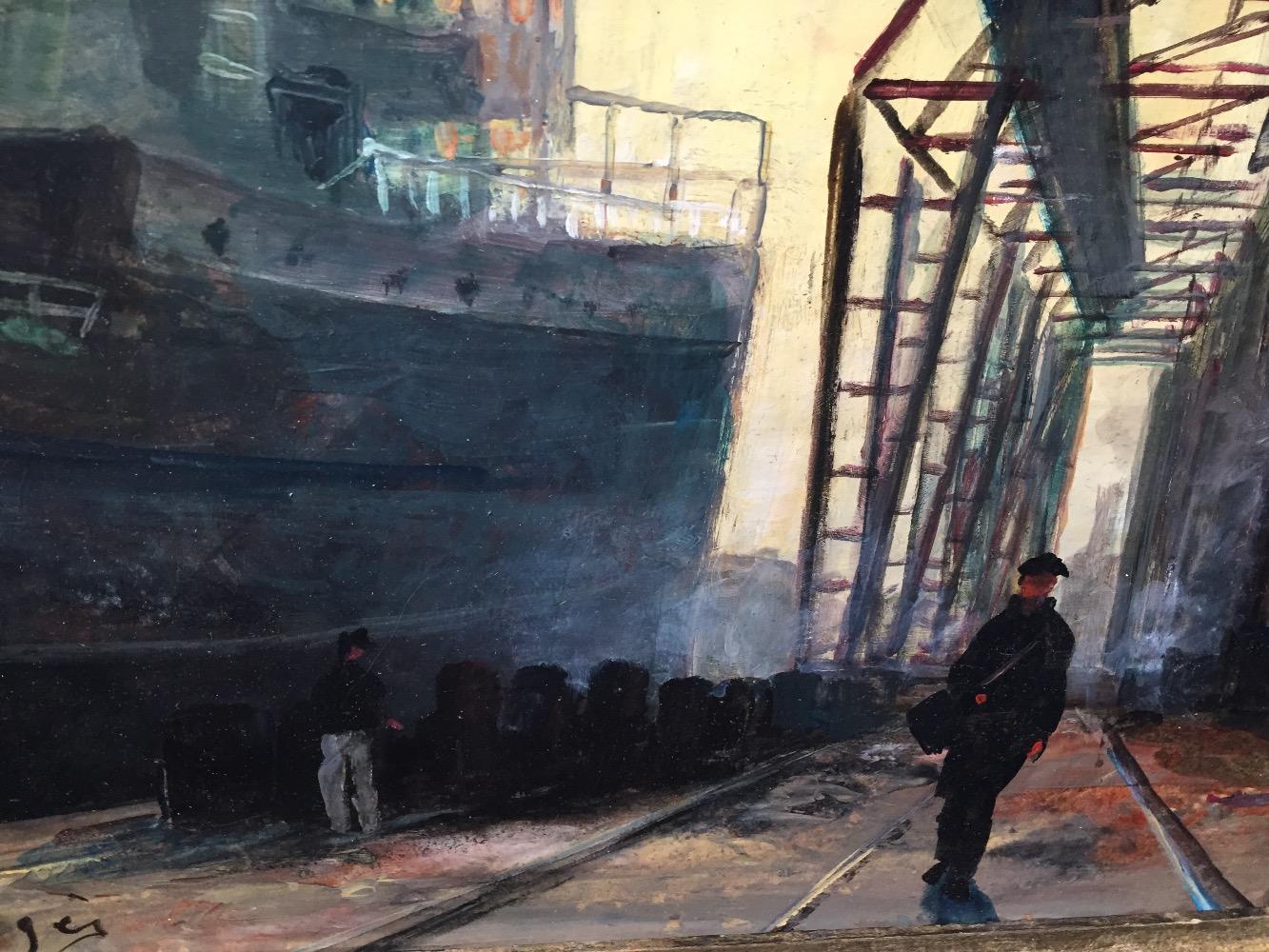 Daily Life in the harbour of Le Havre ( oil on panel )