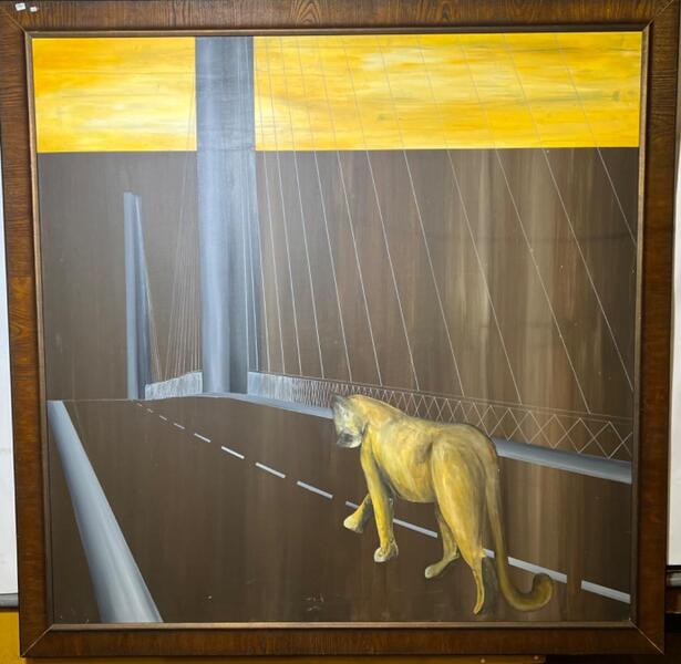 Cat walking over a bridge ( oil on canvas )