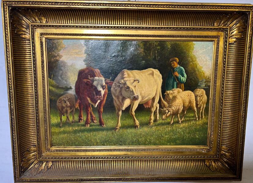 The shepherd with his sheep and cows ( oil on canvas)