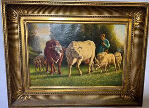 The shepherd with his sheep and cows ( oil on canvas)