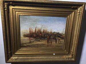 Fishermen at work in the harbour ( oil on panel )