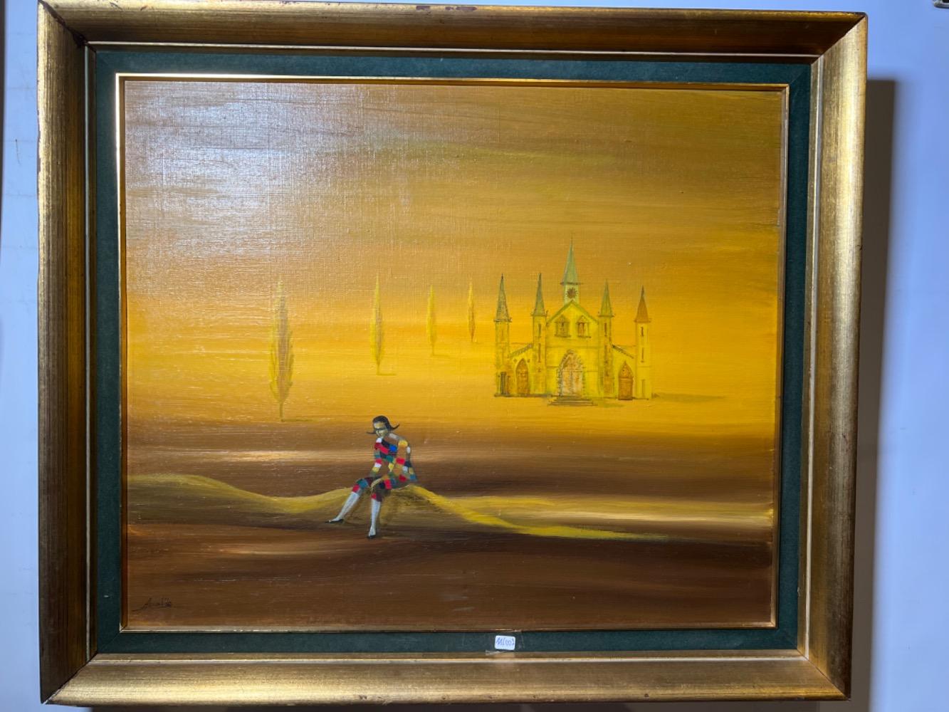 Arlecchino in a surreel landscape ( oil on canvas )