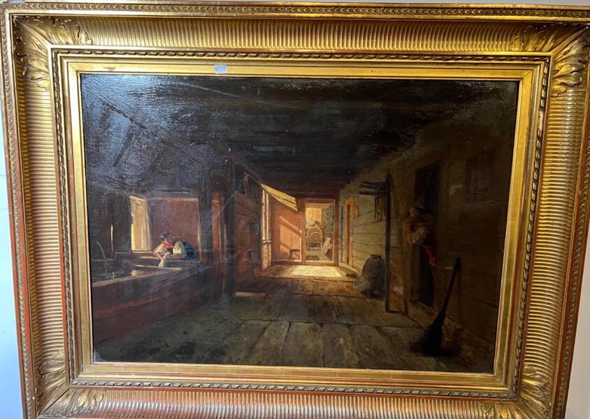 Romance at the laundry ( oil on panel )