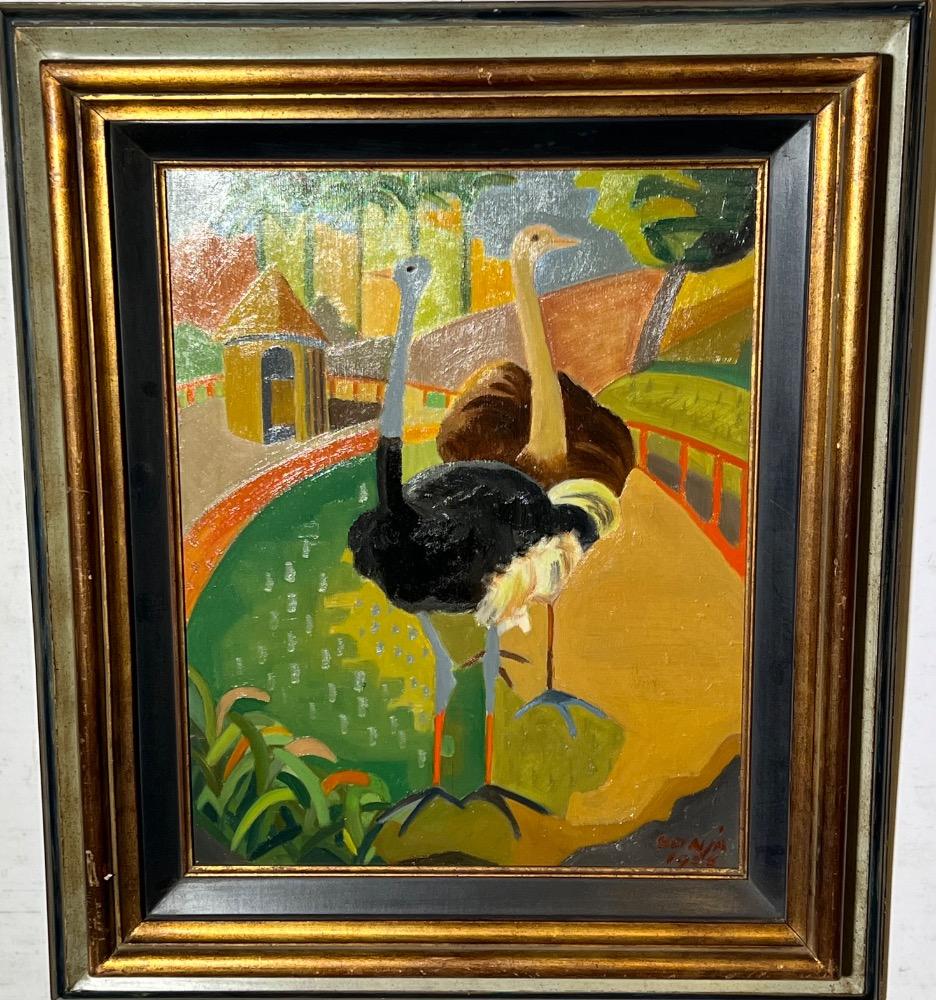 The romance of the ostrich couple ( oil on panel )