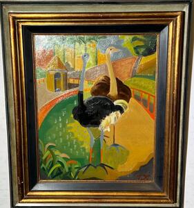 The romance of the ostrich couple ( oil on panel )