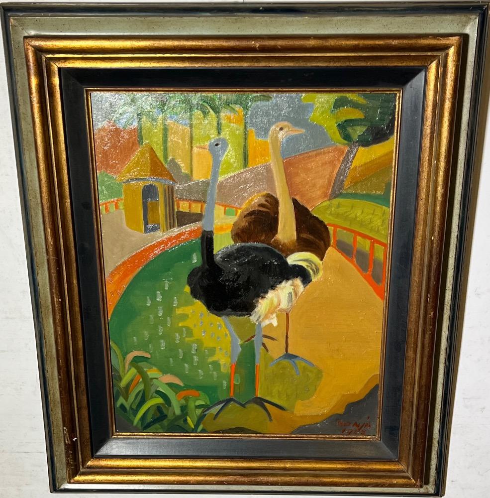 The romance of the ostrich couple ( oil on panel )