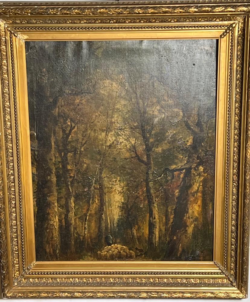The shepherd with his sheep in the forest ( oil on canvas on board)