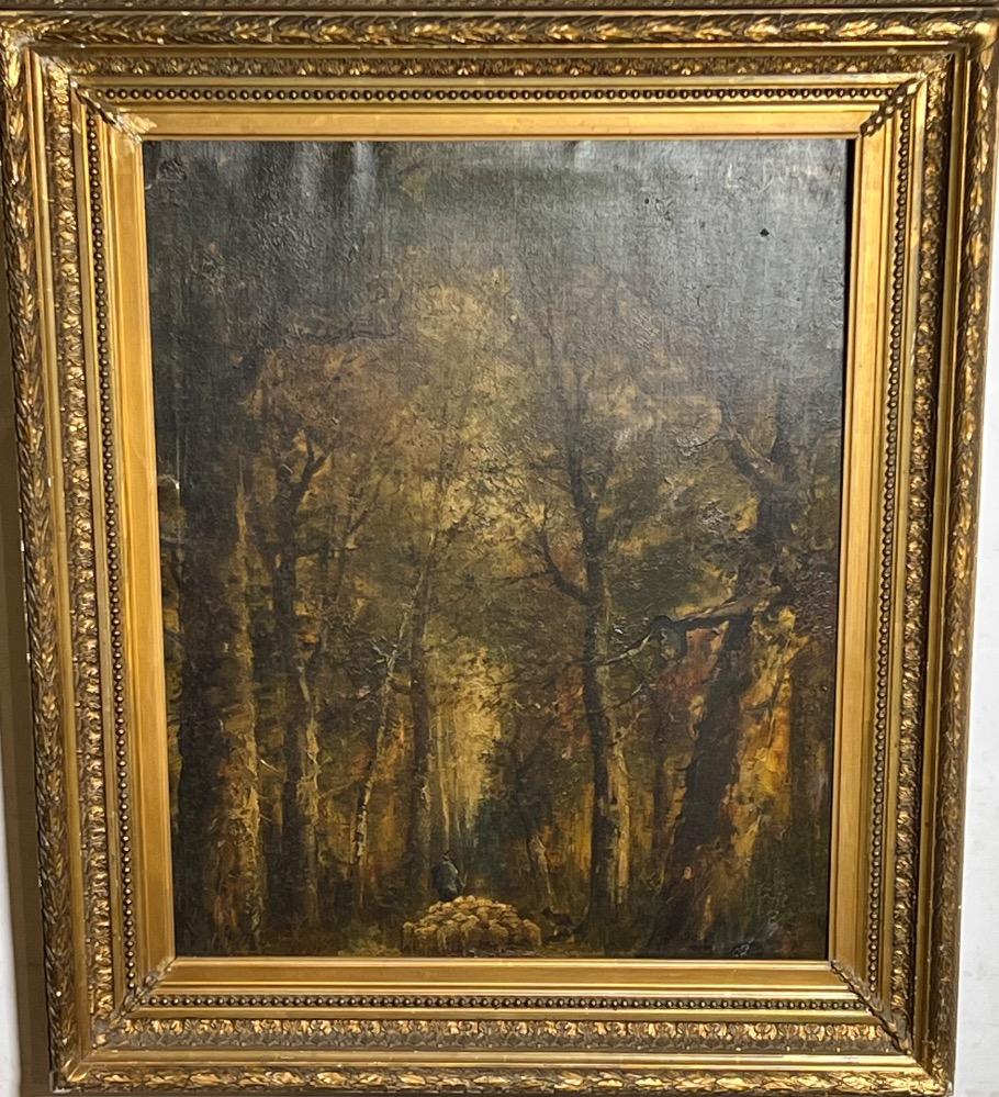 The shepherd with his sheep in the forest ( oil on canvas on board)
