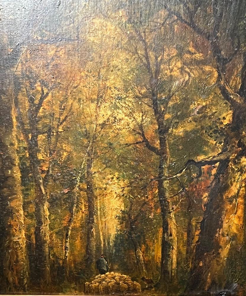 The shepherd with his sheep in the forest ( oil on canvas on board)