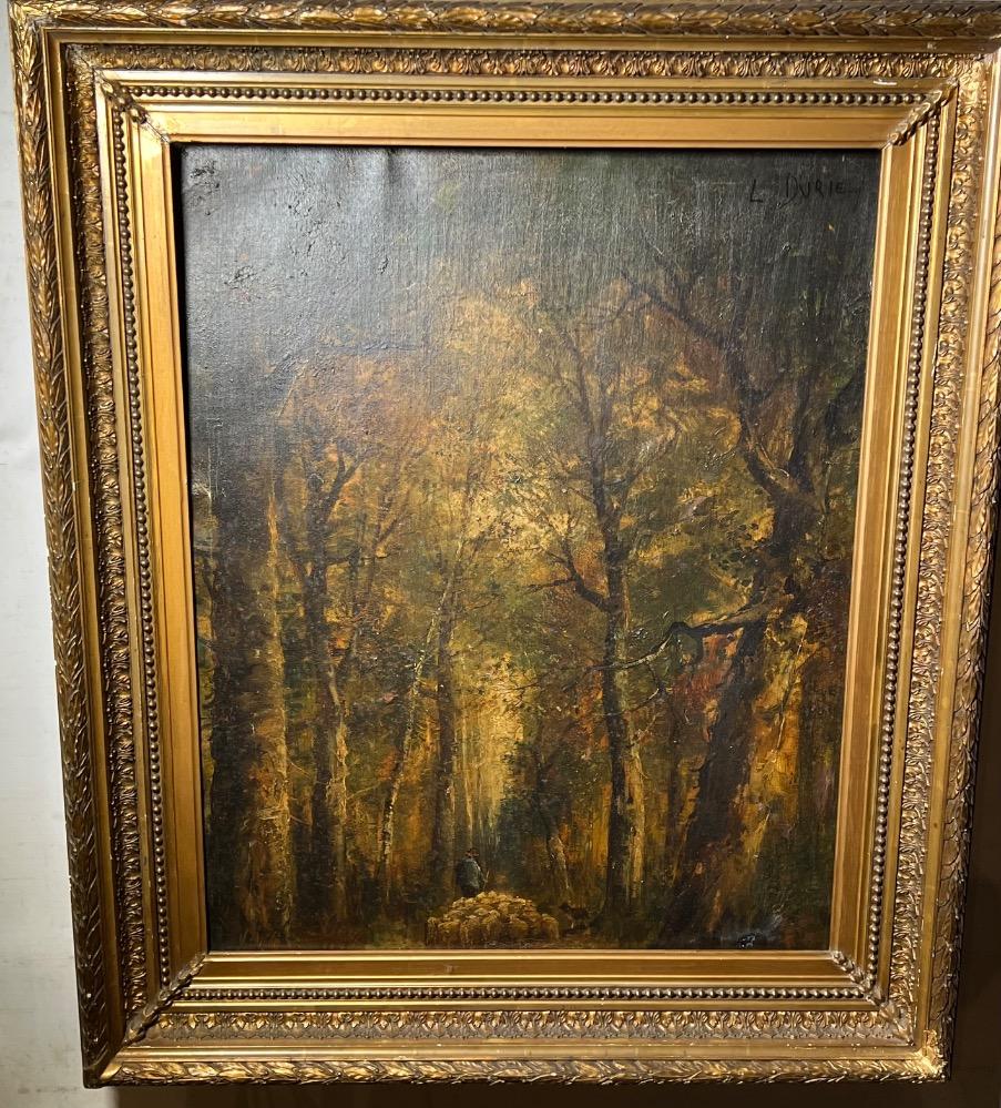 The shepherd with his sheep in the forest ( oil on canvas on board)