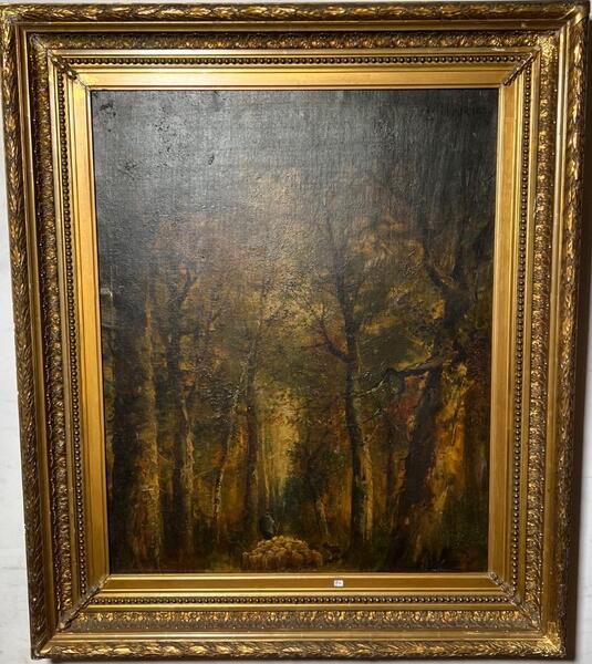 The shepherd with his sheep in the forest ( oil on canvas on board)