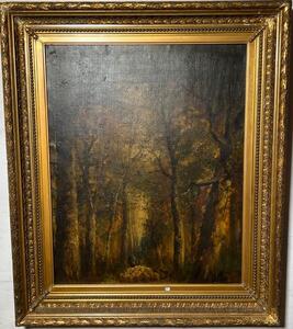 The shepherd with his sheep in the forest ( oil on canvas on board)