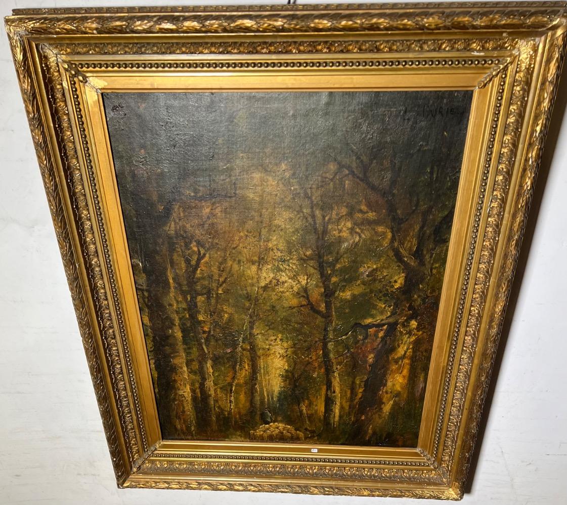 The shepherd with his sheep in the forest ( oil on canvas on board)