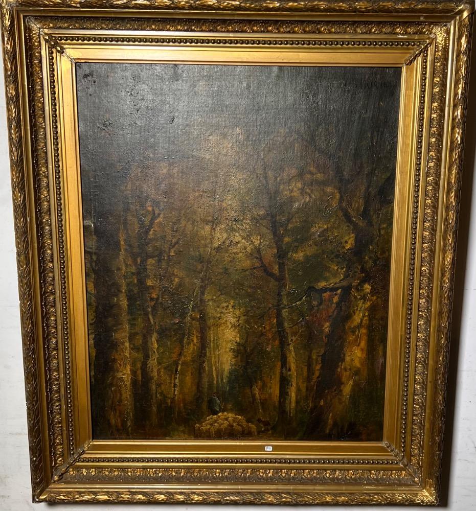 The shepherd with his sheep in the forest ( oil on canvas on board)