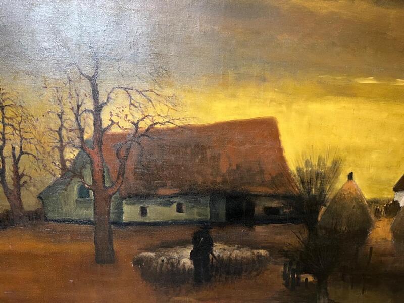 Shepherd with his sheep in the evening ( oil on canvas )