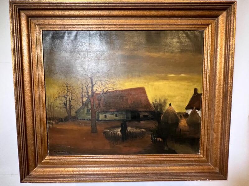 Shepherd with his sheep in the evening ( oil on canvas )