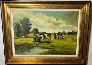 Grazing cows near the riverside ( oil on canvas )